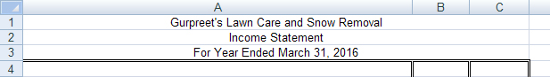 This image shows the heading on the income statement for Gurpreet’s Lawn Care and Snow Removal.