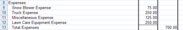 This image shows the expenses section of the income statement for Gurpreet’s Lawn Care and Snow Removal.