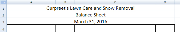 This image shows the heading on a balance sheet for Gurpreet&rsquo;s Lawn Care and Snow Removal.