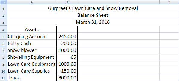 This image shows a list of some of the assets on the balance sheet for Gurpreet&rsquo;s Lawn Care and Snow Removal.