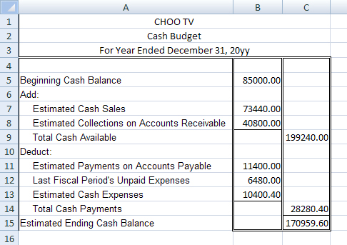 This image shows the cash budget for CHOO TV.